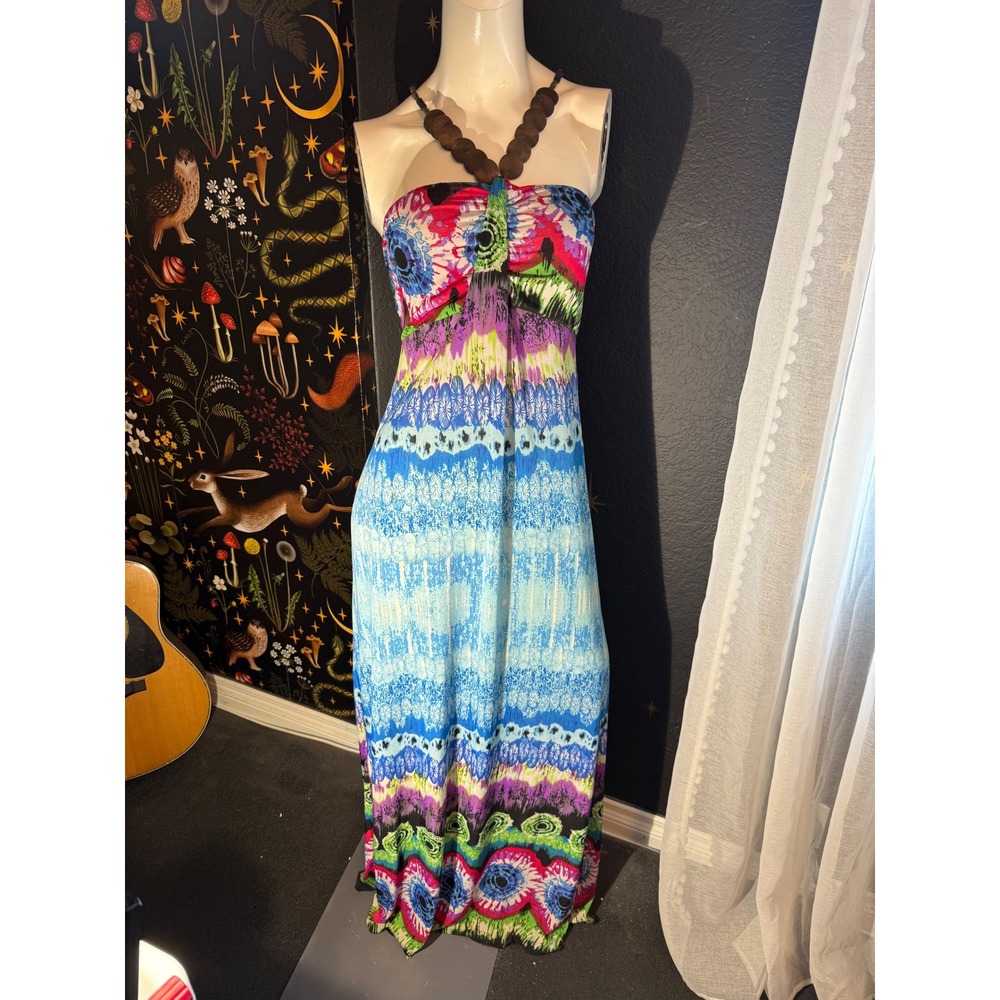 Boho Multi Color Tribal Print Beaded Halter Maxi Dress Blue Purple Pink